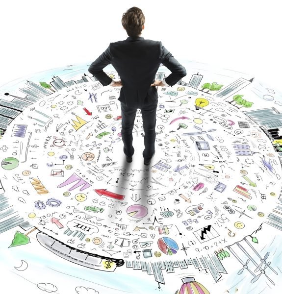 Businessman thinks on the world business sketch